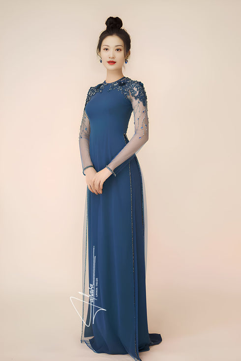Blue tulle raglan sleeves beaded ao dai