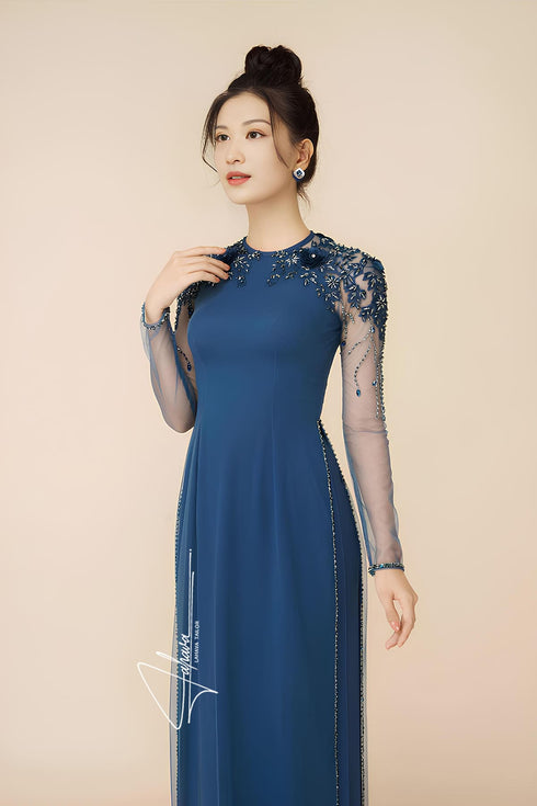 Blue tulle raglan sleeves beaded ao dai