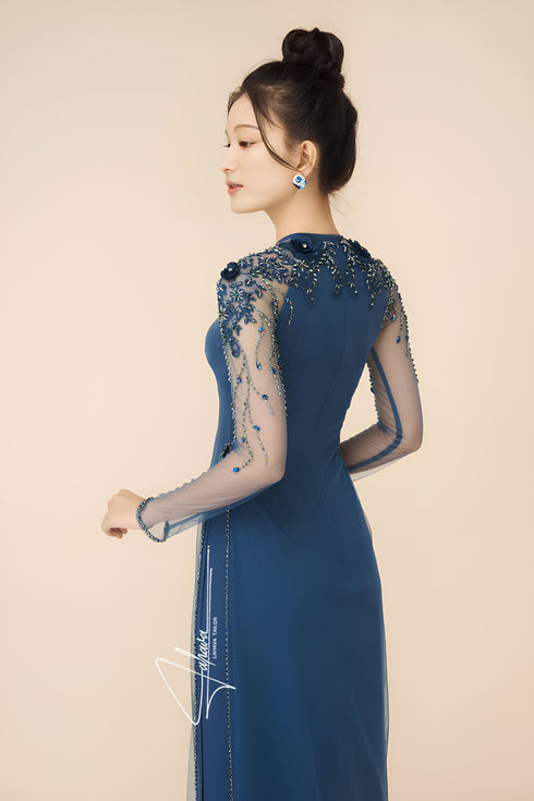 Blue tulle raglan sleeves beaded ao dai