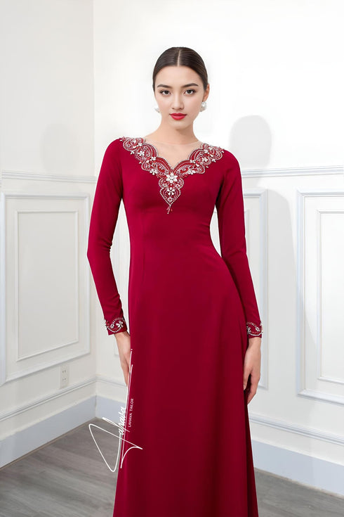 Elegant round collar V beaded dress