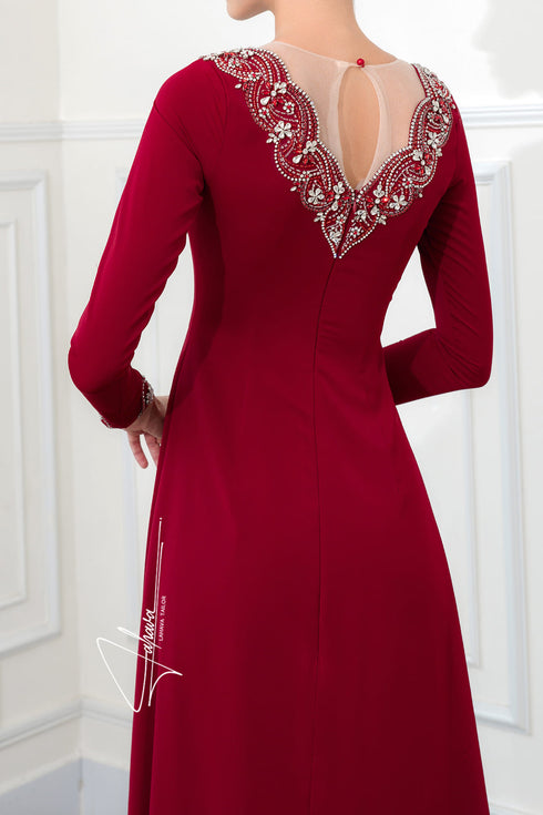 Elegant round collar V beaded dress
