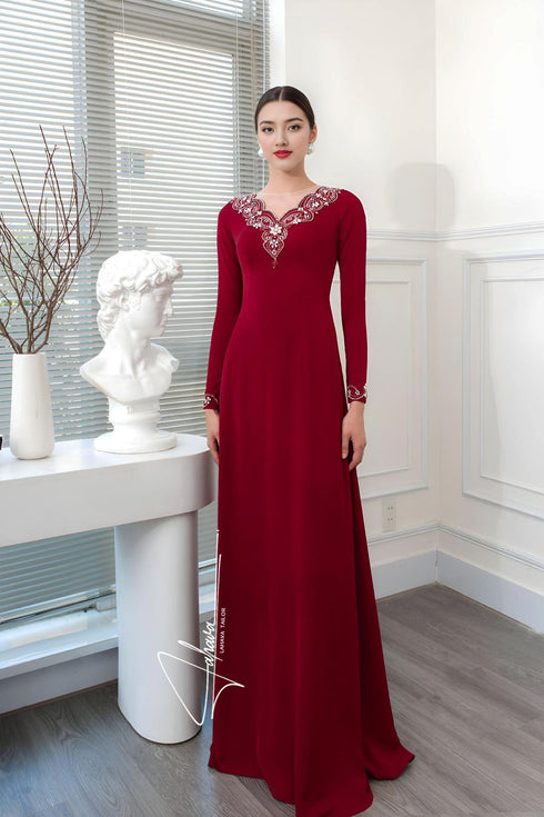 Elegant round collar V beaded dress