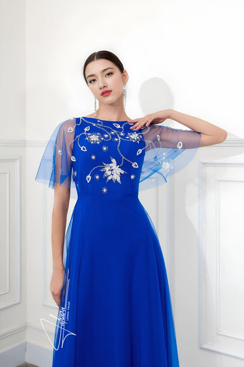 A-line short flutter sleeves evening dress