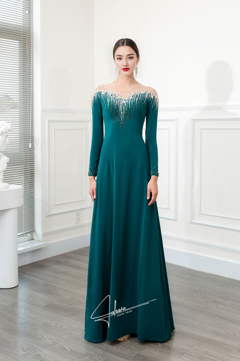 A-line round collar beaded gown