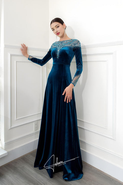 Velvet long sleeves beaded gown