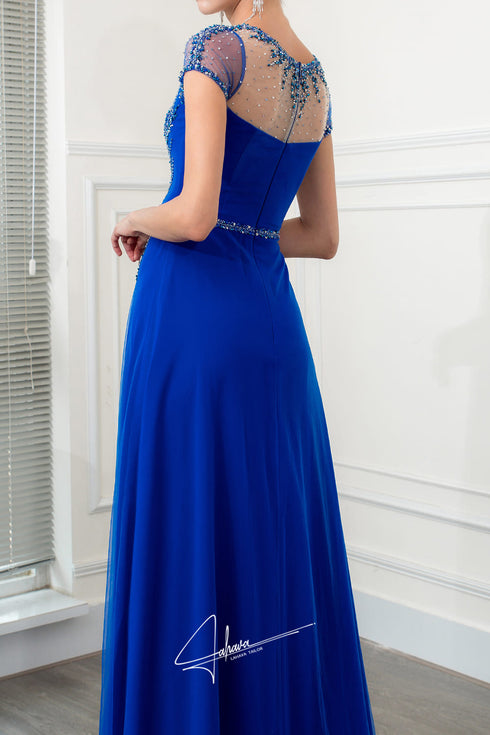 Boat neck short sleeves beaded dress