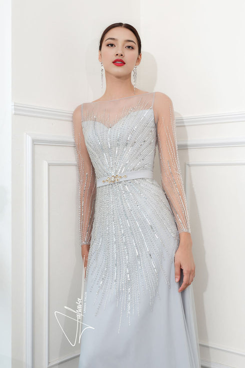 Gray illusion beading evening gown
