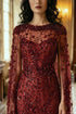 Burgundy Sequin Illusion Neck Dress with Floor-Length Cape