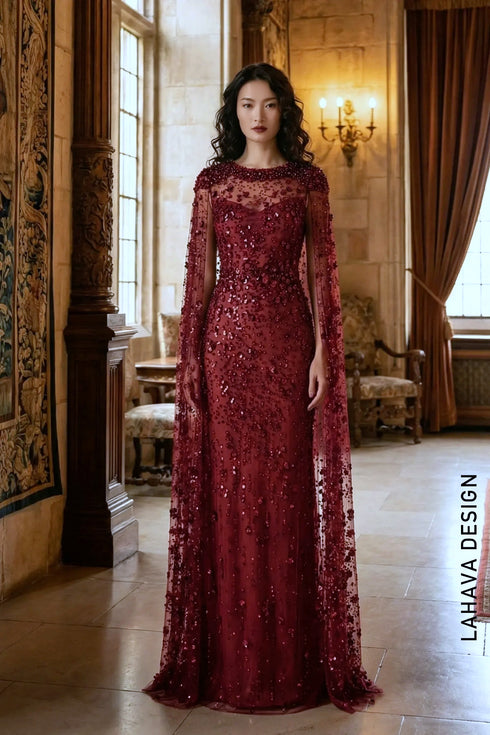 Burgundy Sequin Illusion Neck Dress with Floor-Length Cape