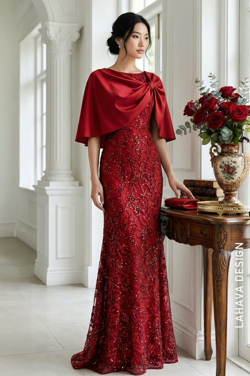 Luxurious Ruby Red Sequin Evening Gown with Satin Capelet