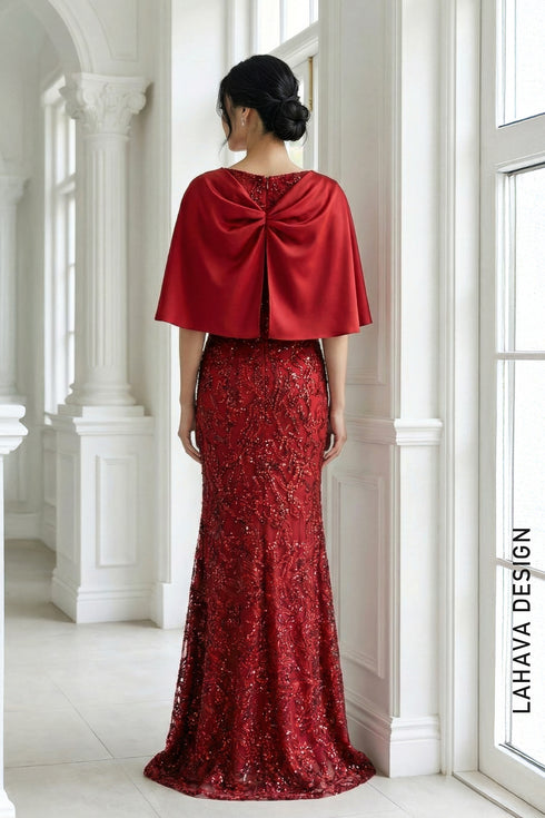 Luxurious Ruby Red Sequin Evening Gown with Satin Capelet