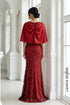 Luxurious Ruby Red Sequin Evening Gown with Satin Capelet