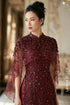 Luxurious Burgundy Beaded Áo Dài with Sheer Cape Sleeves