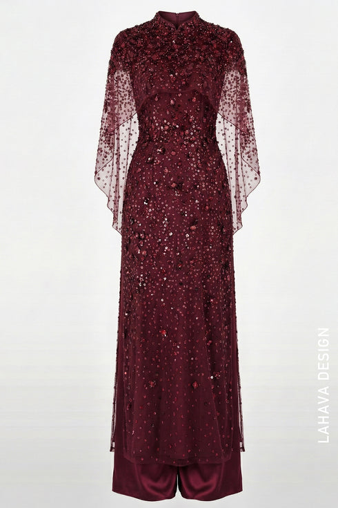 Luxurious Burgundy Beaded Áo Dài with Sheer Cape Sleeves