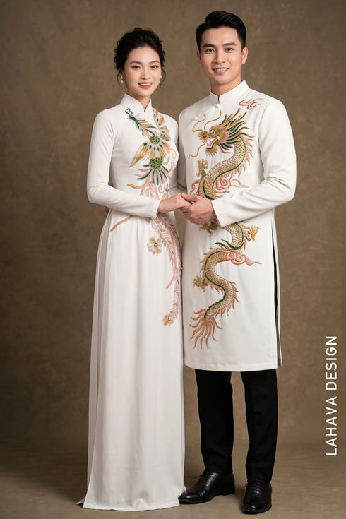 White Bridal Áo Dài with Handcrafted Phoenix & Floral Beadwork