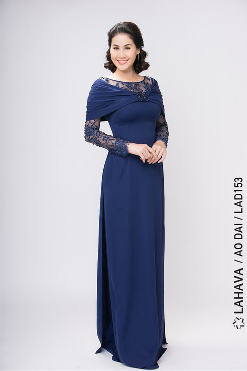 Navy blue scoop neck ao dai