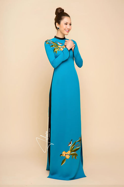 Flowers hand embroidered party ao dai