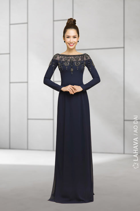 Exquisite scoop neck beaded party ao dai