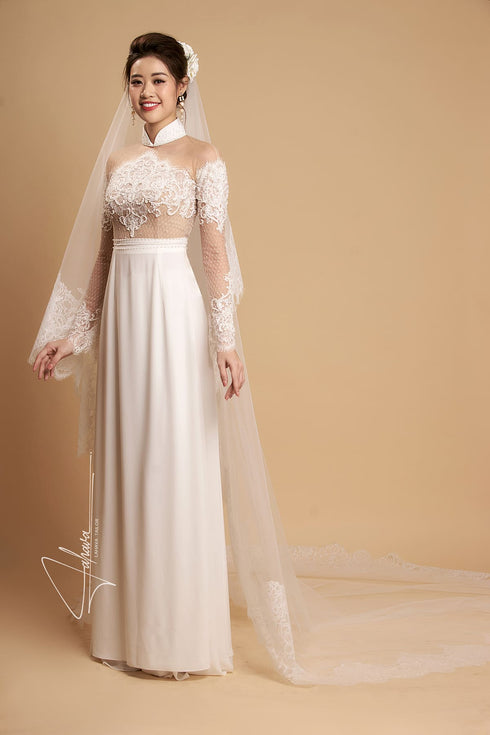 White chantilly lace bridal ao dai