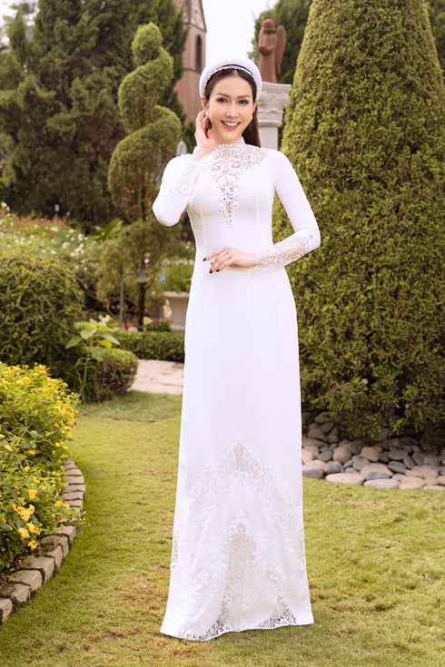 White modern ao dai cut out on the back - Sale