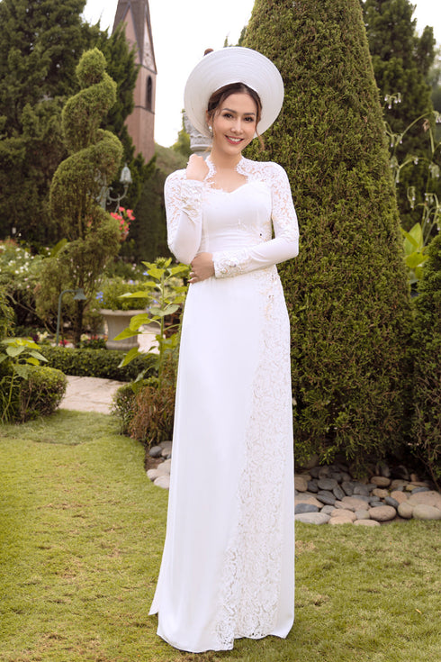 White ao dai with modern collar - Sale