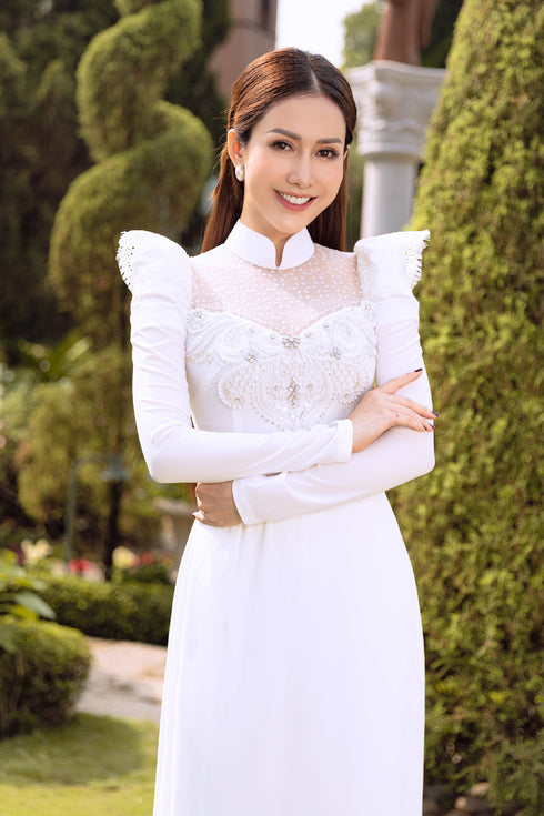 White puff sleeves modern ao dai beaded - Sale