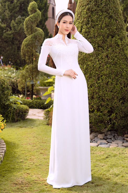 White wedding ao dai with embroidery lace - Sale