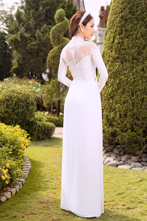 White wedding ao dai with embroidery lace - Sale