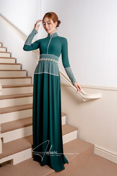 Moss green traditional collar ao dai features mesh beaded