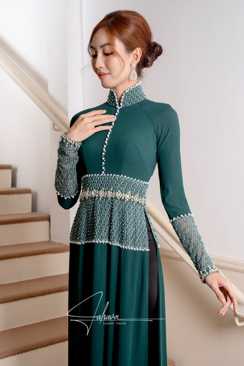 Moss green traditional collar ao dai features mesh beaded