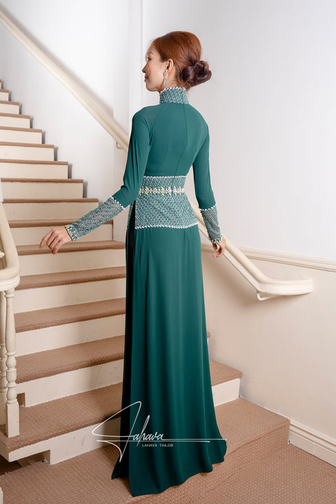 Moss green traditional collar ao dai features mesh beaded