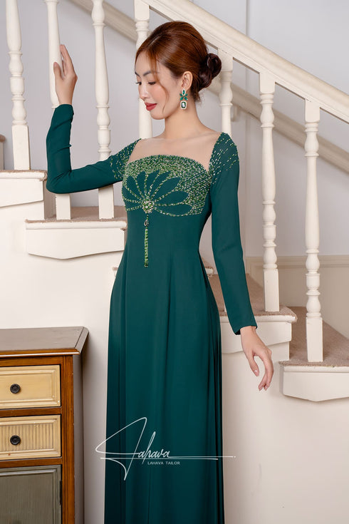 Moss green Ao dai with modern beaded pattern