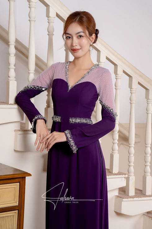 Modern V-neck beaded features mesh Ao dai