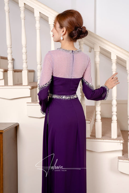 Modern V-neck beaded features mesh Ao dai