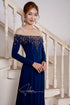 Dark blue ao dai features a luxurious beading design