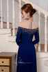 Dark blue ao dai features a luxurious beading design