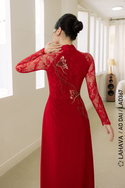Red Ao dai adorned with Lily patterns