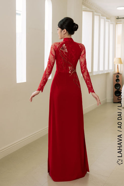 Red Ao dai adorned with Lily patterns