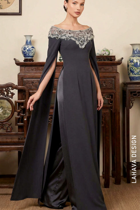 Sophisticated Charcoal Grey Ao Dai with Split Cape Sleeves