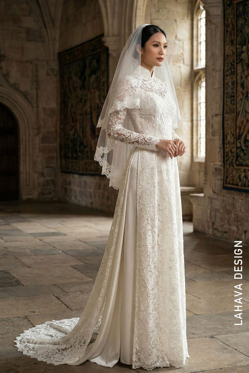 Elegant White Lace Wedding Ao Dai
