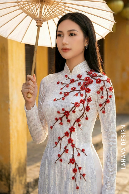 Sparkling White Sequin Ao Dai with Red Floral Appliqué