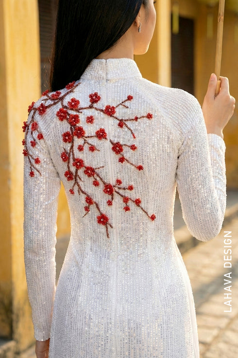 Sparkling White Sequin Ao Dai with Red Floral Appliqué