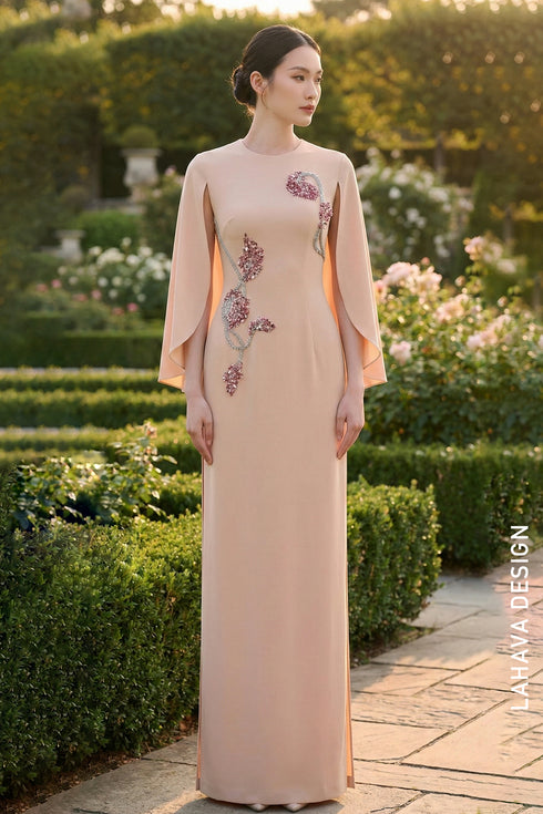 Blush Pink Cape-Sleeve Modern Ao Dai with Bead Embellishments