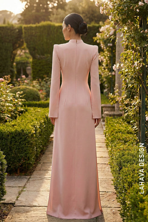 Crystal Bow Embellished Ao Dai with Slit Sleeves