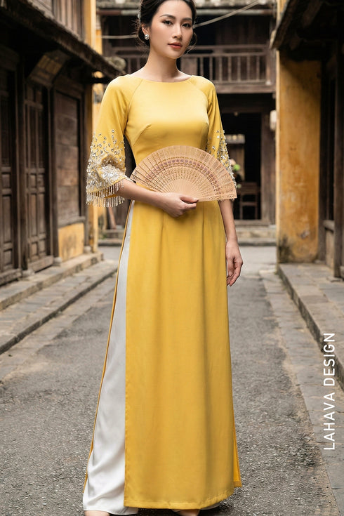 Mustard Yellow Áo Dài with Embellished Fringe Sleeves