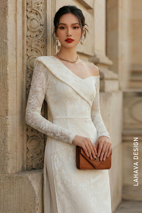 Elegant Asymmetrical White Brocade Ao Dai with Lace Details