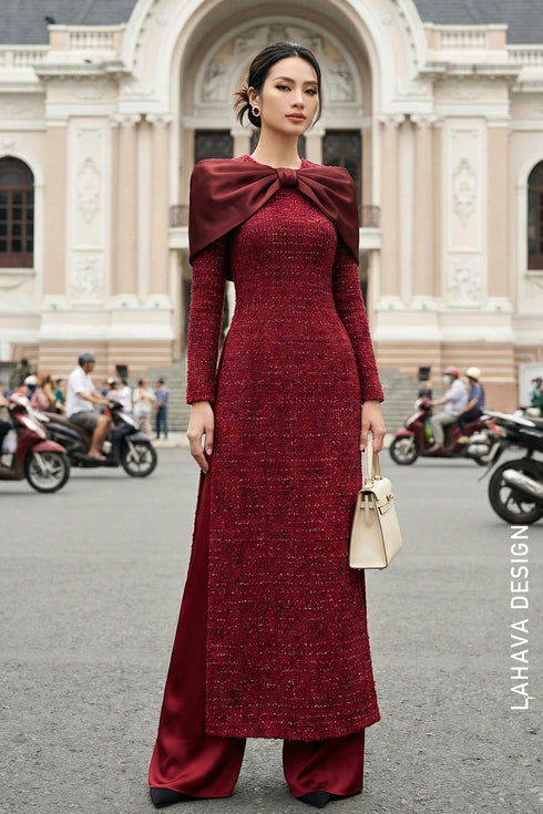 Burgundy Tweed Ao Dai with Statement Satin Bow