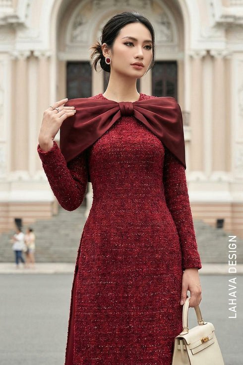 Burgundy Tweed Ao Dai with Statement Satin Bow