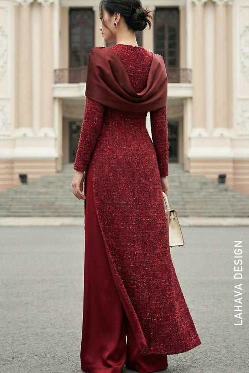 Burgundy Tweed Ao Dai with Statement Satin Bow