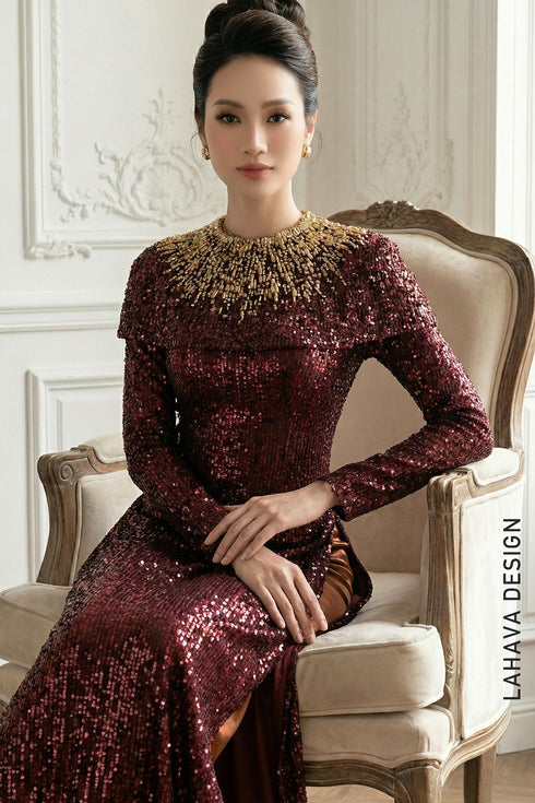 Luxurious Burgundy Sequin Ao Dai with Detachable Cape